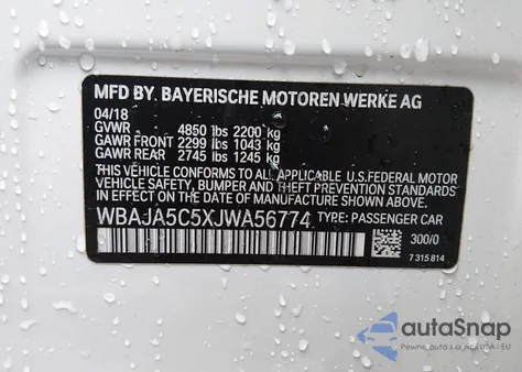 2018 BMW 530I z USA, uszkodzony, nr VIN WBAJA5C5XJWA56774